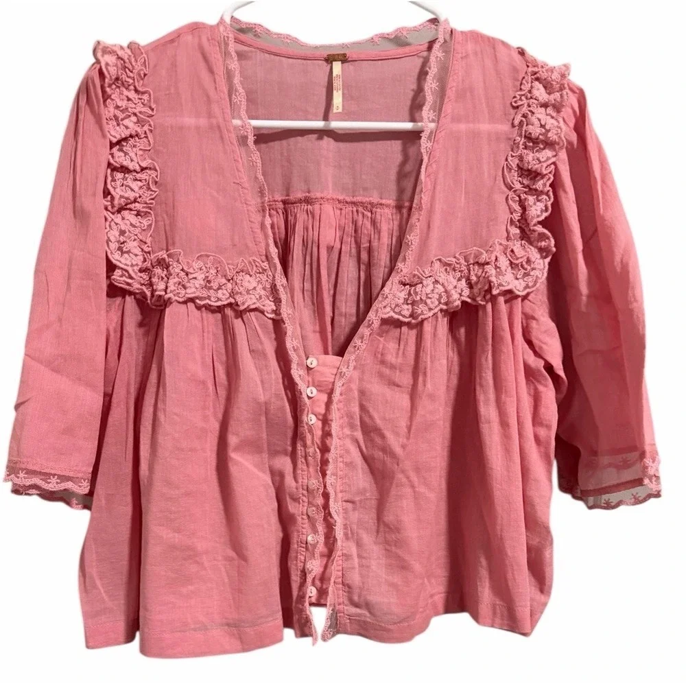 Free People Luna Top Mauve Glow Lace V-Neck Blouse Cropped Women's Size Small